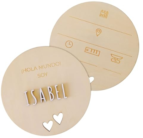 nagu® ES- CORAZONES Placa natalicio de madera Hola Mundo, personalizda con el nombre del bebé y los datos de su nacimiento. Un regalo original para recién nacidos y madres primerizas