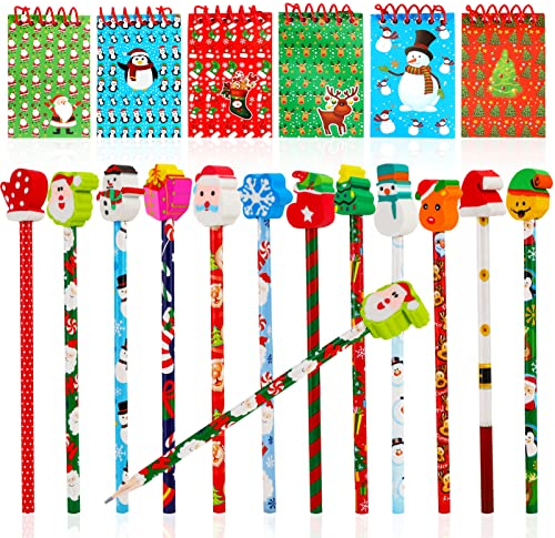 DPKOW Klein Weihnachts Notizblock und Bleistift mit Radiergummi für Kinder, Schule, Bürobedarf - Weihnachten, Kindergeburtstag, Gastgeschenke - 12 Stück