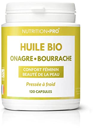 Huile d'onagre/bourrache bio - 120 capsules | Confort féminin | Beauté de la peau | Pressée à froid | Santé/immunité | Bio/Ecocert | Fabriquée en France | Nutrition pro