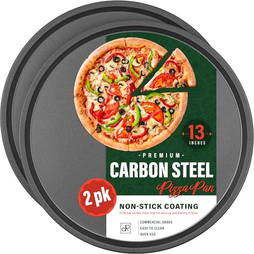 DecorRack 13 Inch Carbon Steel Pizza Pan, [Premium] Non-Stick Coating, Commercial Grade, Serving Tray, Heavy Duty Round Baking Tray for Oven Use (2 Pack)