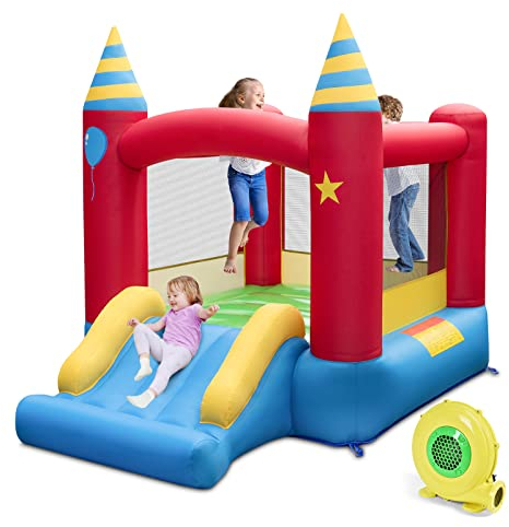 DREAMADE 2 in 1 Aufblasbare Hüpfburg mit 480 W Gebläse, Spielburg mit Rutsche und Sprungbereich, Indoor & Outdoor Springburg für Kinder 3–10 Jahre