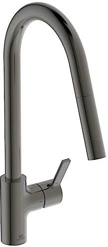 Ideal Standard – Gusto Küchenarmatur, Hoher Auslauf mit zylindrischem Querschnitt, mit 1-Funktionshandbrause, Schwenkbereich 360°, Schnellmontagesystem EasyFix+, Magnetic Grey