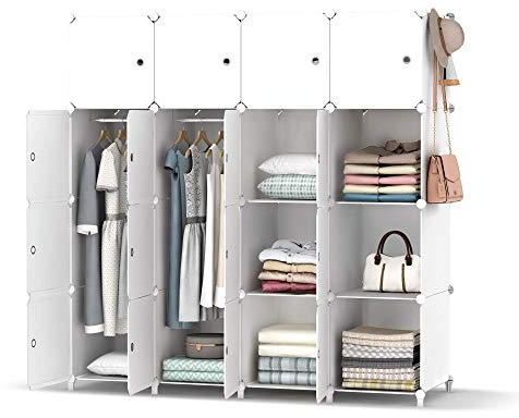 HOMIDEC Kleiderschrank, Tragbarer Regalsystem, 16 Würfel Schrank aus Kunststoff mit 3 Kleiderstange, Schlafzimmerschrank kleiderschrank Weiss für Schlafzimmer