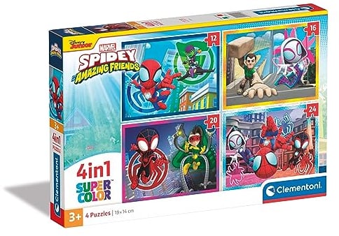 Clementoni - 21528 - Supercolor Puzzle 4 In 1 - Marvel Spidey And His Amazing Friends - 12+16+20+24 Pieces, Jigsaw Puzzle for Kids Age 3+
