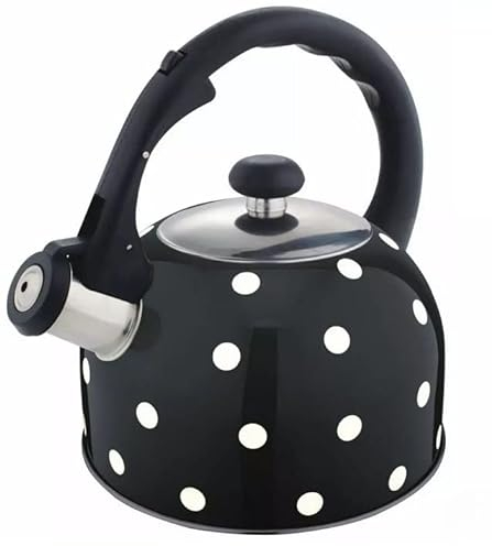 Luckyberg Moderne Pünktchen-Motiv Teekessel Induktion, Edelstahl Pfeifkessel, Teekessel für alle Kochplatten, Flötenkessel mit Bequemer griff, Wasserkocher für Tee & Kaffee, 2,6l (Schwarz)