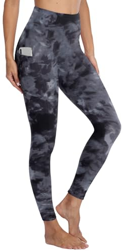 Gayhay Leggings Damen High Waist Sport Leggins mit Taschen Blickdicht Sporthose Lang Hose Bauchweg Laufhose für Sport Yoga Gym SchwArz Tie Dye S-M
