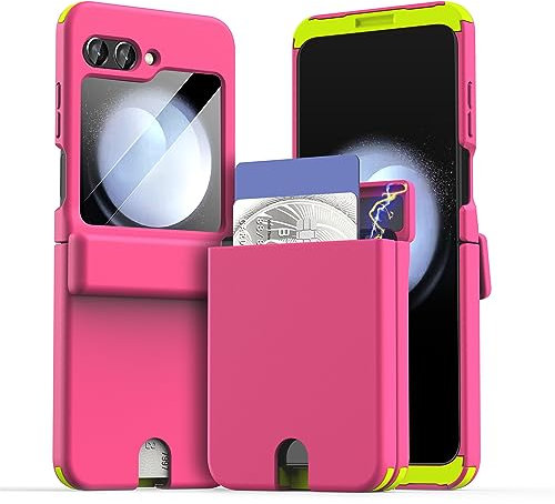 Compatible with Galaxy Z Flip 5 Case with Hinge Protection, Card Holder & Screen Protector - Hard PC TPU Shockproof Protective Case for Samsung Galaxy Z Flip 5 (Neon Pink)