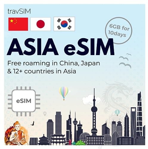 travSIM eSIM Für Asien | 6GB Mobile Daten | Freies Roaming in China Japan, Südkorea & 12 weiteren Regionen in Asien | Der Plan auf der Asien eSIM ist für 10 Tage aktiv.