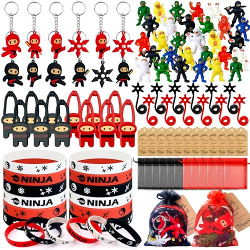 Moltby 96Pcs Anniversaire Ninja Enfant Garcon - Ninja Porte Clés Silicone Bracelet Ninja Jouet Ninja Pinata Anniversaire Remplissage pour Garcon Fillers
