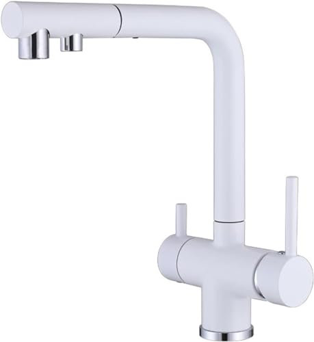 JQFDD Rubinetto Lavello Cucina 3 Vie con Doccetta Estraibile Girevole 2 modalità Multifunzione Rubinetto Miscelatore Tre Vie da Cucina-Bianco