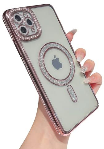 Caseative for iPhone 11 Pro Max Case,Glitter Bling Clear Magnetic Compatible with MagSafe Wireless Charging (Pink)
