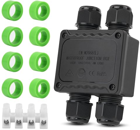 Abzweigdose Wasserdicht IP68 4 Wege Verbindungsdose Schwarz Erdkabel Aussen Kabelverschraubung Elektrische Anschlussdose Außen Verteilerdose für Ø 4mm-14mm