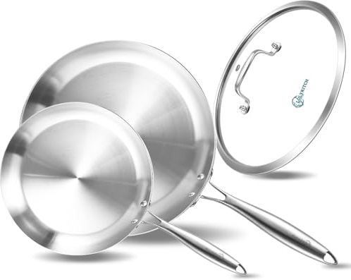 LOLYKITCH 8.5-10 Inch Tri-ply Stainless Steel Frying Pan Set with Lid,Skillets,Induction Chef's Cooking Pan,Pots and Pans Set,Dishwasher and Oven Safe,10 Inch Pan with Lid.