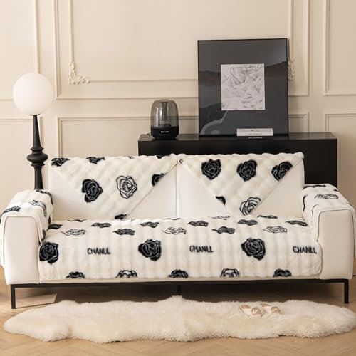 Upgraded Couch Covers- Thick Rabbit Plush Sofa Covers 1 2 3 Seater, Sofa Cover Sofa Saver Shield Sofa Cushions Washable Non-Slip Winter Lamb Wool Sofa Covers Protector for Living Room (Color : Schwar