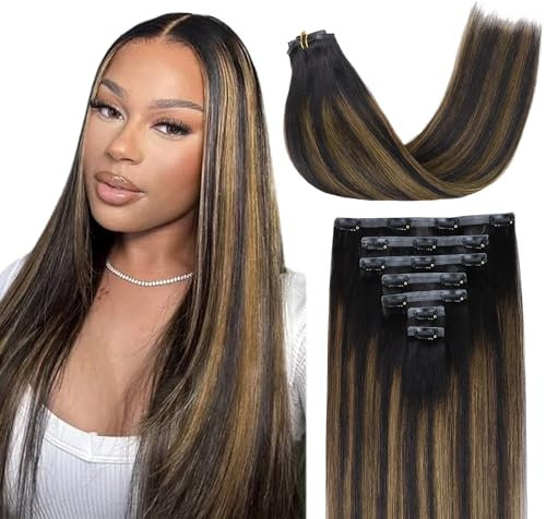 Lashey Clip in Extensions Echthaar 110g 7 Stück Balayage Natürliches Schwarz bis Chestnut Braun Nahtlose Clip in Haarverlängerung Yaki Glattes Remy Menschliches Haar with PU Wefts 40cm(16 Zoll)
