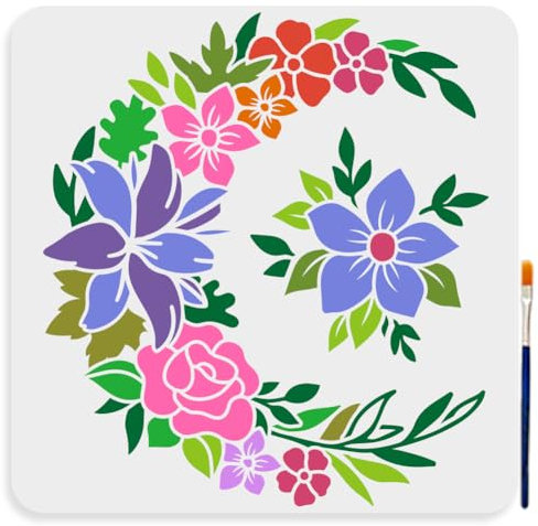 MAYJOYDIY Pochoir Fleur Lune 30 × 30cm Grand Pochoir Floral Lune avec Pinceau Réutilisable Pochoir Fleur Nature Fleurie pour Peinture Sur Meubles Bois Toile Papier Mur