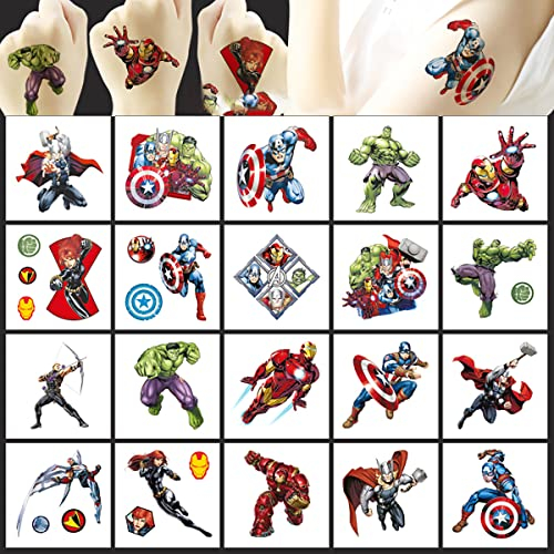 Temporäre Tattoo Set Kinder Tattoos für Marvel Avengers,20 Blätter Kindertattoos Aufkleber Stickers für Geschenktüten Kindergeburtstag Mitgebsel Mädchen Jungen