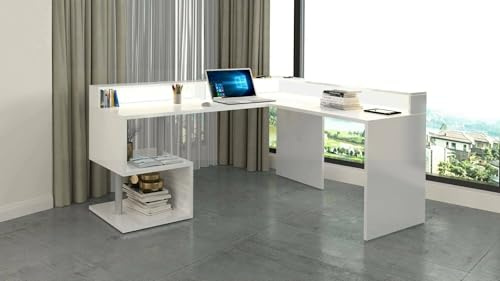 Dmora - Schreibtisch Albert, Eckschreibtisch mit Ablagefächern und LED-Leuchten, Mehrzweck-Büroschreibtisch mit Platte, 180x92,5x160 cm, Weiß