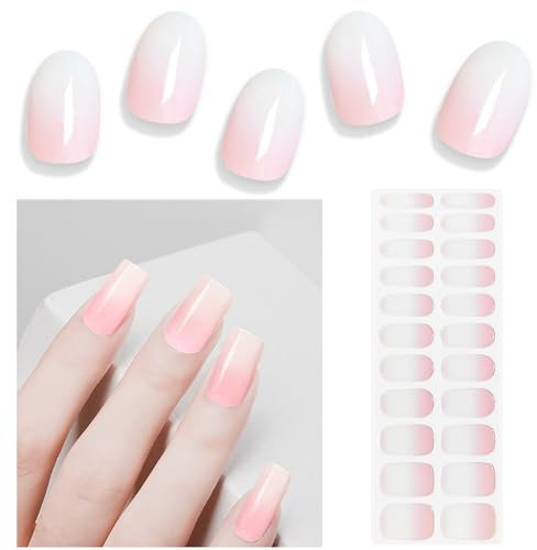 Nagelfolie UV Press on Nails Almond Gel Nail Sticker Nagelfolie UV Härtend Starterset Gellack Wraps für Nagel Glänzend Pink Ombre White Künstliche Fingernägel(22 Beiträge)