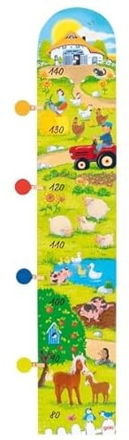 goki 60666 - Willkommen auf unserem Bauernhof Messlatte aus Holz, 90-140cm für Kinder inkl. 4 bunten Klammern, Hof, Traktor und Tiere – Wachstumsmesser, 5er Set, ab 1 Jahr