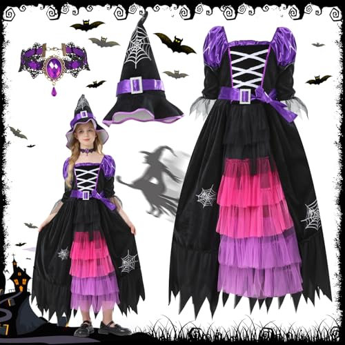 FFTANXS Costume Strega Bambina,Strega Halloween Bambina con Cappello Strega Bambina e Collana,Vestito da Strega Bambina Viola e Nero,Costume Halloween Bambina per Halloween, Carnevale,Per 10-12 anni