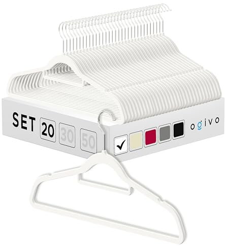 OGIVO Samt Kleiderbügel - 20er Set - rutschfest Bügel für Ihren Garderobe - kleine Stange für Krawatten - Haken um 360° drehbar - Einkerbungen im Schulterbereich - Hangers Clothes (Weiß)