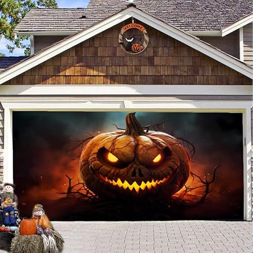 Hixingo Garagentor Banner, Tür Banner Happy Halloween Banner Poster Party Banner Hintergrund Türdeko Haustür Halloween Outdoor Deko für Dekoration Veranda Wand (Kürbis Lichter,400x180cm)