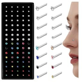Chriscoco 80-160Pcs 20G Nasenpiercing Chirurgenstahl Gerade/L-förmig Nasenstecker Klein Nasenpiercing Stecker für Frauen und Männer hypoallergen Tragus Ohrring Labret Piercing 1.5/2/2.5/3 mm mit CZ,A