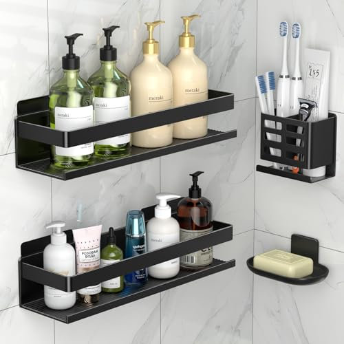 YESENT aluminum shower rack 4-pack, stick-on installation, thickened and sturdy bathroom rack, wall-mounted toothbrush holder, two installation methods: drilling-free and drilling-free