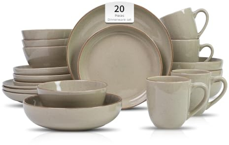 HomeVSS 20-teiliges Geschirrset – für 4 Personen, glänzend glasierte beige Teller und Schüsseln mit Sprenkeleffekt, mikrowellen- und spülmaschinenfest
