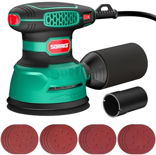 SORAKO Levigatrice Orbitale 350W, 6 Velocità Regolabili, Carta Vetrata 16 pezzi, Levigatrice Elettrica con Raccolta Polvere e Funzione di Frenata Rapida, Adatta per Levigare, Lucidare Legno, fai da te
