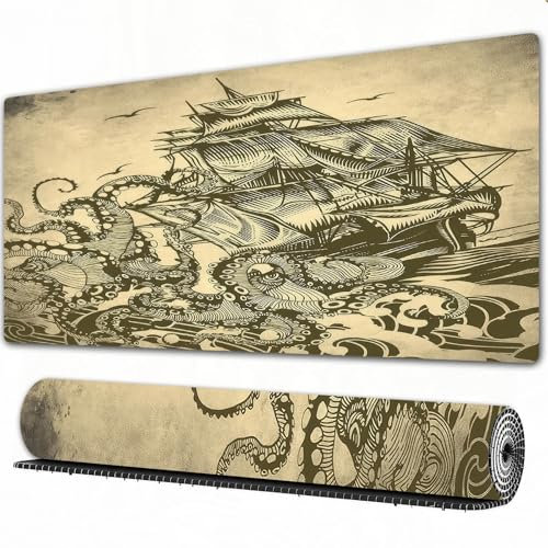 FEHWI Gaming Mouse Pad Extra Large Keyboard Mouse Mat Desk Pad Soft Smooth Surface and Anti-Slip Rubber,l,Ocean Sail Boat Waves and Octopus Kraken Tentacles Home Art Sepia Print,Green Blue,16x29.5 in