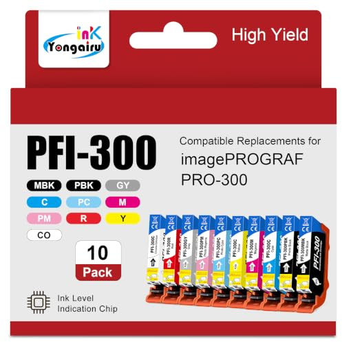 Yongairuink PFI-300 PFI 300 Pigment Compatible Ink Cartridge Show Ink Level Fit for CAN imagePROGRAF PRO-300 PRO300 PRO 300 Printer(10 Pack, PBK 1C 1M 1Y 1MBK 1PM 1PC 1RG 1Y 1CO)