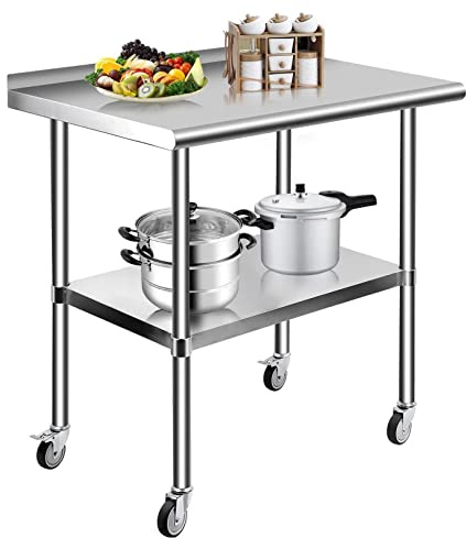 Arbeitstisch, Edelstahl-Küchentisch für die Gastronomie, 2-stufiger Gastronomie-Arbeitstisch, gewerbliche Lebensmittelzubereitungs-Werkbank mit Rollen und flexibler Einstellung unter dem Regal