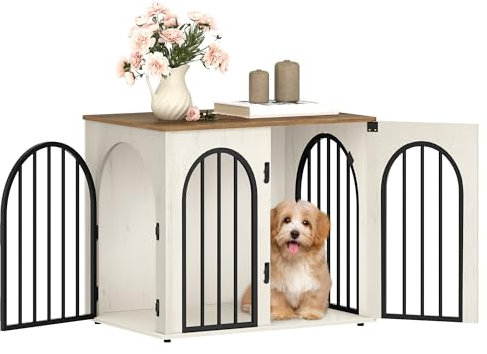 Hzuaneri Hundekäfig Möbel, 68cm Hundebox für Zuhause, 3 Türen, Bogentür, Moderne Hundebox Indoor für Hunde, Beistelltisch, Hundekäfig Hochbelastbar, 48 x 68 x 56 cm, Weiß Braun DFC85514B