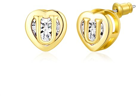 Heart Initial Stud Earrings 14K Gold Plated CZ Hypoallergenic Alphabet Letter Initial Earrings Birthday Gifts for Women(Gold U)