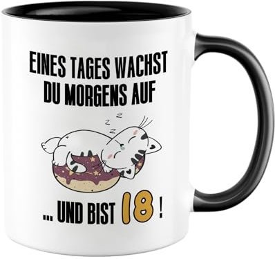 Tasse 18. Geburtstag Junge Mädchen, Becher mit Spruch Katze Motiv, Geschenke zum 18 Geburtstag, Geburtstagsgeschenk Kaffeetasse aus Porzellan 350 ml, Lustig Becher Geschenk für Sohn und Tochter