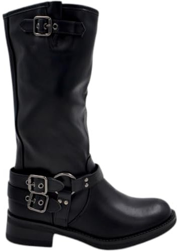 Stivali Donna Alto Meta' Polpaccio in Pelle Nero Morbido con Fibbie Biker con Suola Antiscivolo Tacco 5 cm Comodo (38 EU)