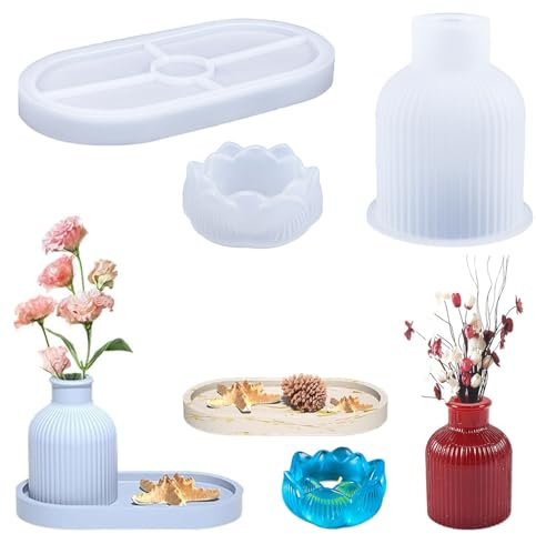 Luckwaii Vaso Stampo Silicone Loto Stampi Vassoio per Gesso, 3 Pezzi Kit Resina Epossidica Vasi Fiori Pallet 3D Vasetti per Candele Fai Da Te Portapenne, Bottiglie di Cristallo e Ornamenti Decorativi