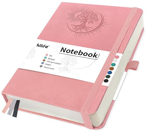 Mlife Notizbuch B5 Dotted mit Lebensbaum-Design,300 Seiten,100gsm Liniert Papier,PU-Cover Notizbuch,Elastisches Band,Stifthalter,3 Lesezeichen-für Frauen Männer,19.5 * 25.5cm（Rosa）