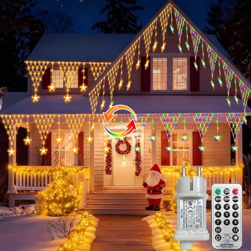 4M Lichternetz Außen Weihnachten mit Timer 11 Modi (Warmweiß & Mehrfarbig) | Stern Lichternetz mit Stecker, 196 LED Lichterkette Netz mit Fernbedienung Wasserdicht für Eaves Balkone Dekor