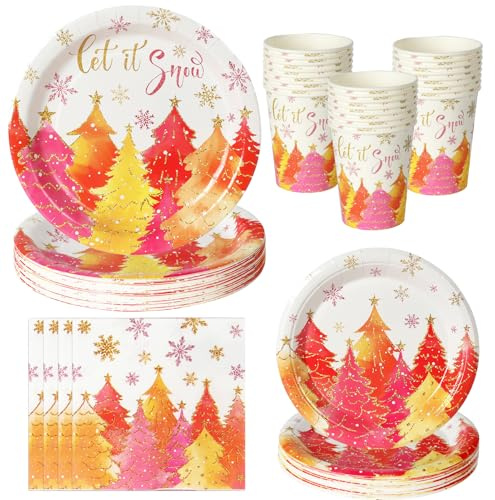 PYAILI Piatti di Carta Natalizi Set 40 Pezzi, Piatti, Bicchieri, Tovaglioli e Cannucce in Cartone, Decorazione Tavola per Cenone, Festa Bambini e Merenda d'Avvento-24 Ospiti