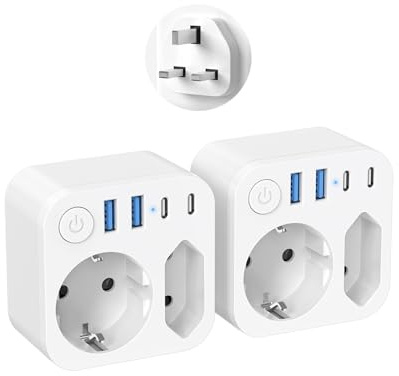 2 Stück UK Reiseadapter England Deutschland Stecker, Reisestecker Typ G Steckdose mit 4 USB (2 Typ-C), Travel Adapter mit Schalter für Irland Großbritannien (EU to UK)