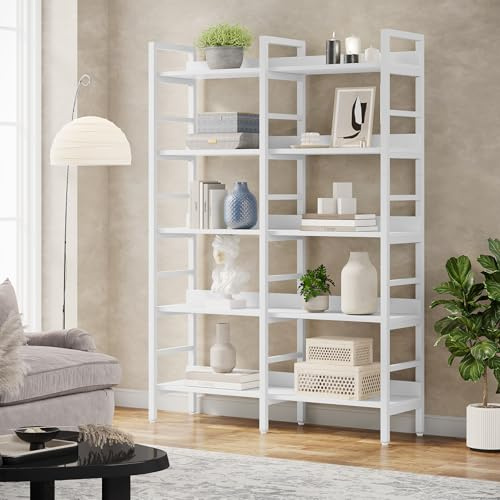 Tribesigns Bücherregal, Regal mit 5 Ablagen, Industriell, Extra Breites Bücherregal aus Holz und Metall für Arbeitszimmer, Büro, Wohnzimmer, 120 x 30 x 180 cm, Weiß