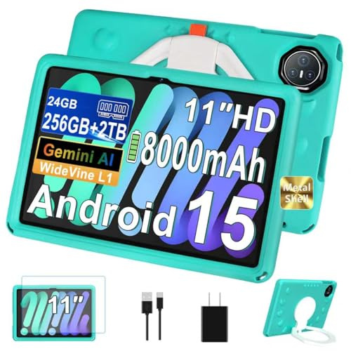 Dghrti Tablette 11 Pouces, Android 15 Tablet pour Enfants, 24GO RAM+256GO ROM 2TO, Octa-Core UFS 2.2, 8000mAh WiFi 6, Widevine L1 GMS Certified, Parental Control with 360°Rotatable EVA Case-Vert Pâle