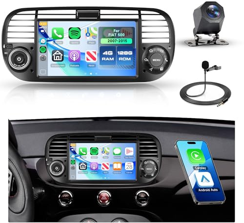 Rimoody 4G+128G Autoradio Android per FIAT 500 2007-2015, 7 Pollici Schermo IPS Radio con Carplay Android Auto Wireless Navi GPS WiFi/FM/RDS/EQ BT Mirror Link Controllo del Volante Retrocamera