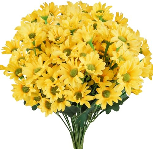 IMIYOKU Artificial Flowers, 6 Bundles Yellow Faux Silk Daisy Flowers for Outdoor and Indoor, UV Resistant Fake Artificial Flower for Vase, Graves Garden Hanging Planter Home Outside Decor