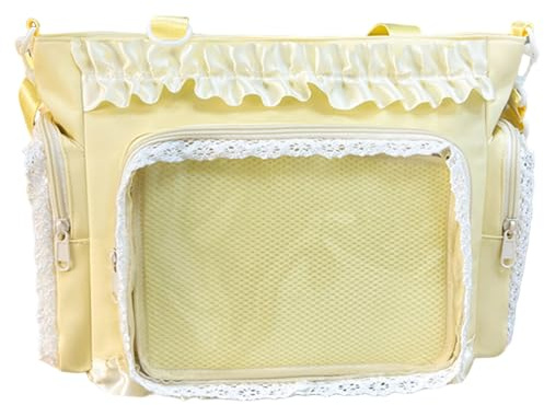 Ita-Tasche, Kawaii-Spitzen-Rüschen-Nylon-japanische Pin-Tasche mit seitlichem und vorderem transparentem Display, verstellbaren Trägern, süße Y2k-Messenger-Handtasche für Mädchen, gelb