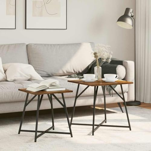 Mandloder Beistelltisch-Set 2-teilig, Geräucherte Eiche & Schwarz, Industrial Design, Metallrahmen, für Wohnzimmer, Couch-Beistelltisch, 50x50x50 cm & 40x40x45 cm