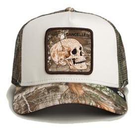 Goorin Bros Trucker-Kappe mit Totenkopf-Design, Realtree-Visier, olivgrünes Netz, weiße Vorderseite